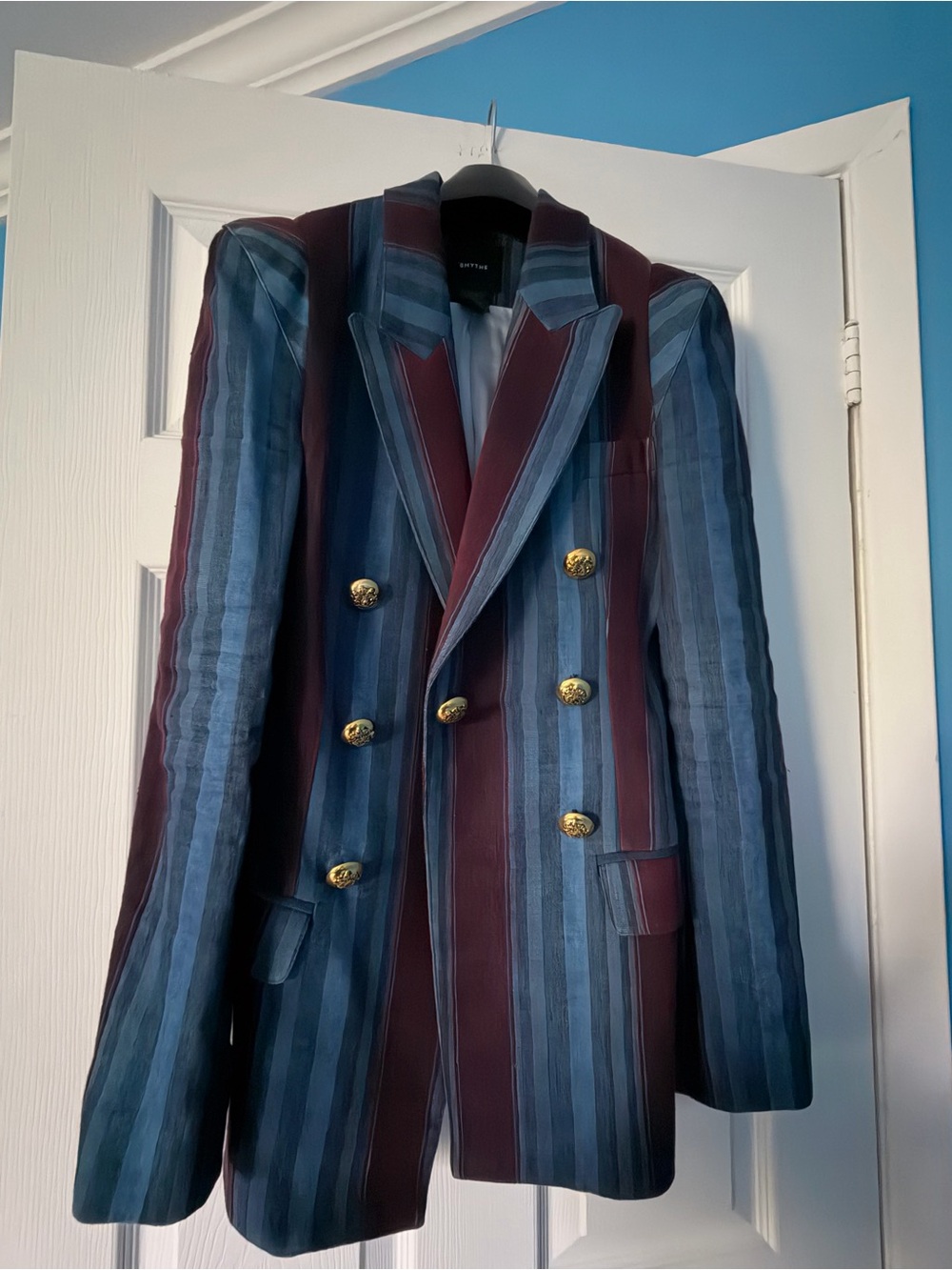 Double-Breasted Striped Blazer in Blue and Burgundy Linen